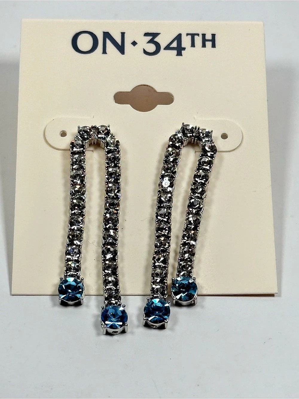 ONโข34TH TNS BLUCRY DRP EG CL TOWER Crystal Drop Earrings in Silver & Blue NWT